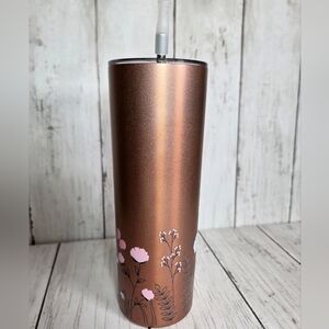 Insulated Rose Gold Floral Tumbler with Straw